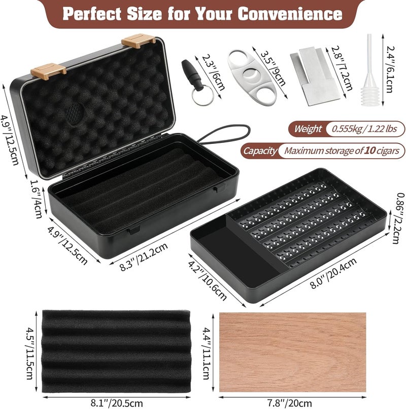 PLAYWITH Travel Cigar Humidor Box Case Double layer design with Cigar Accessories Hygrometer&Spanish Cedar &Humidifier &Cigar Cutter & Stand &Cigar Punch CutterHold 8-10 Count - Waterproof Case, Crushproof, Airtight Seal Portable Separate storage space for accessories - Image 4